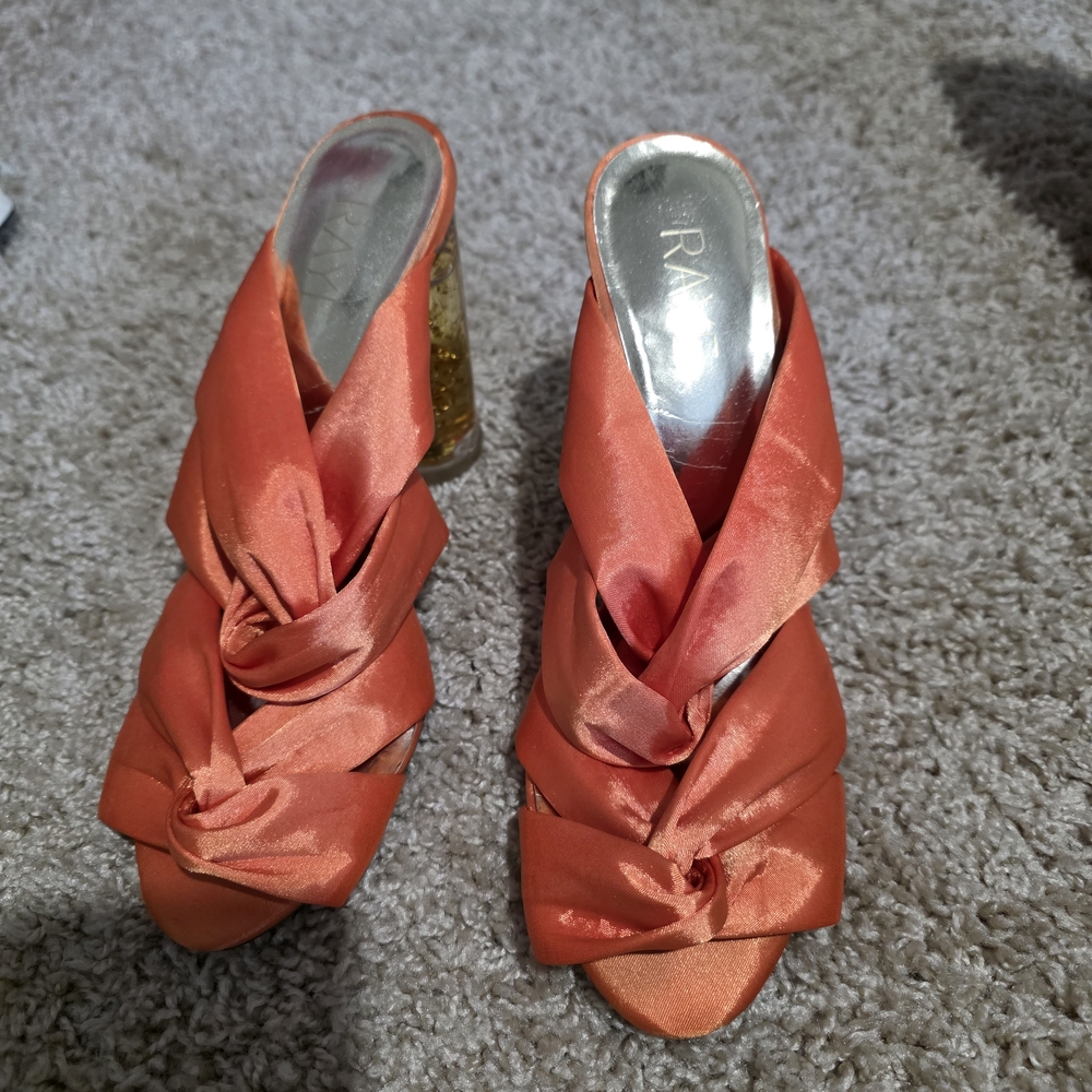 RAYE Coral-Orange Satin Knotted Mule Sandals